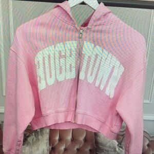 Pink Cropped Hoodie with White Print